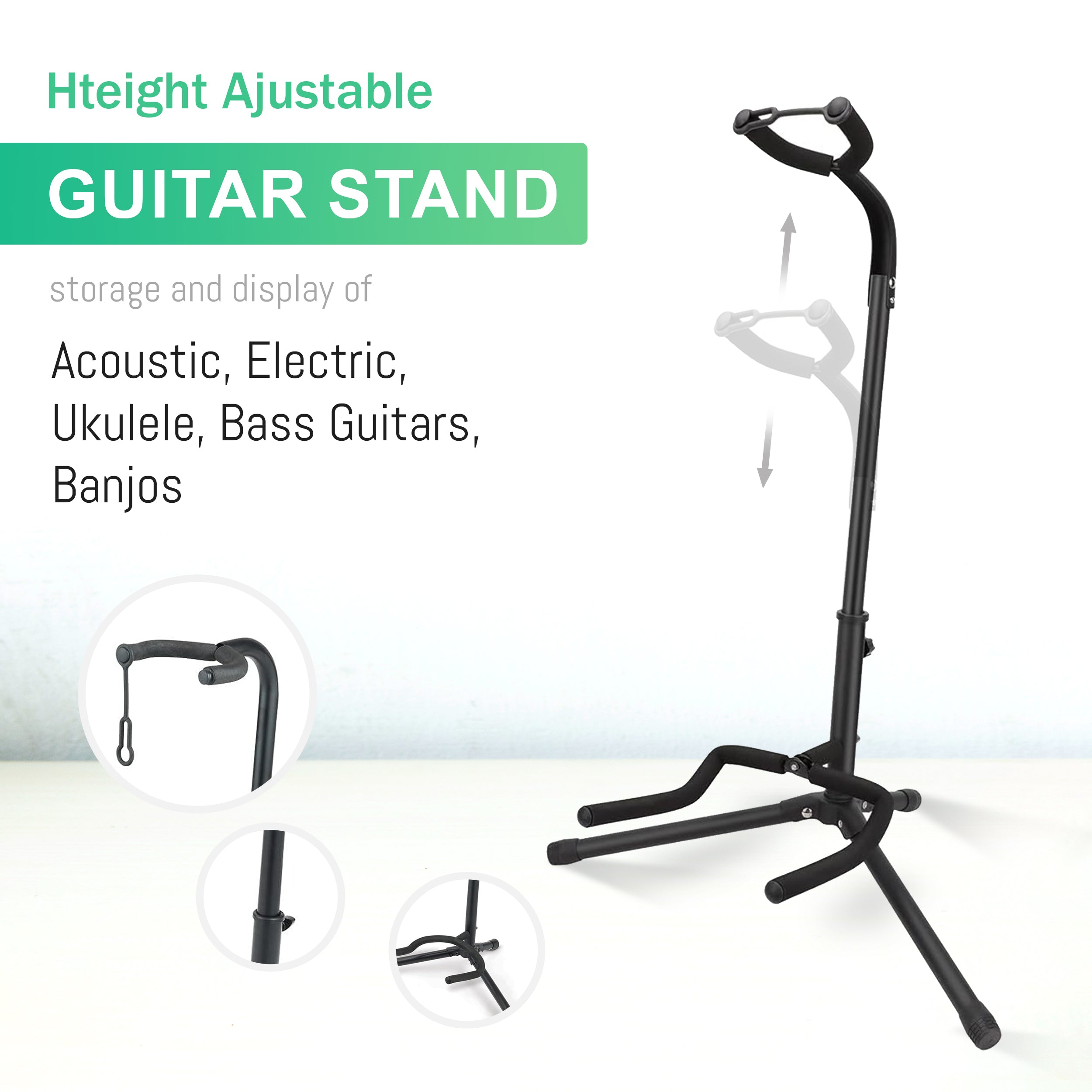 Versatile Folding Stand for Acoustic, Electric, and Bass Guitars, Banjos - Black